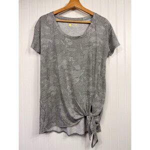 Xersion Top Womens Sz Large Gray Short Sleeve Tie Front Tropical Abstract Print